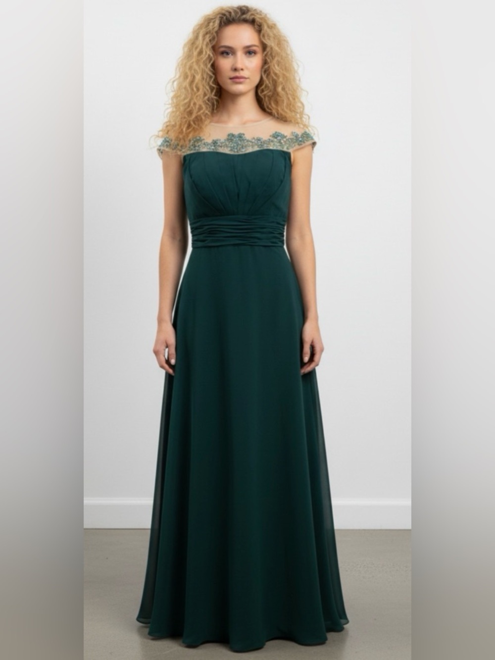ONE BY EIGHT- Emerald Green Evening Dress with Beaded Illusion Neckline - Picture 11 of 11